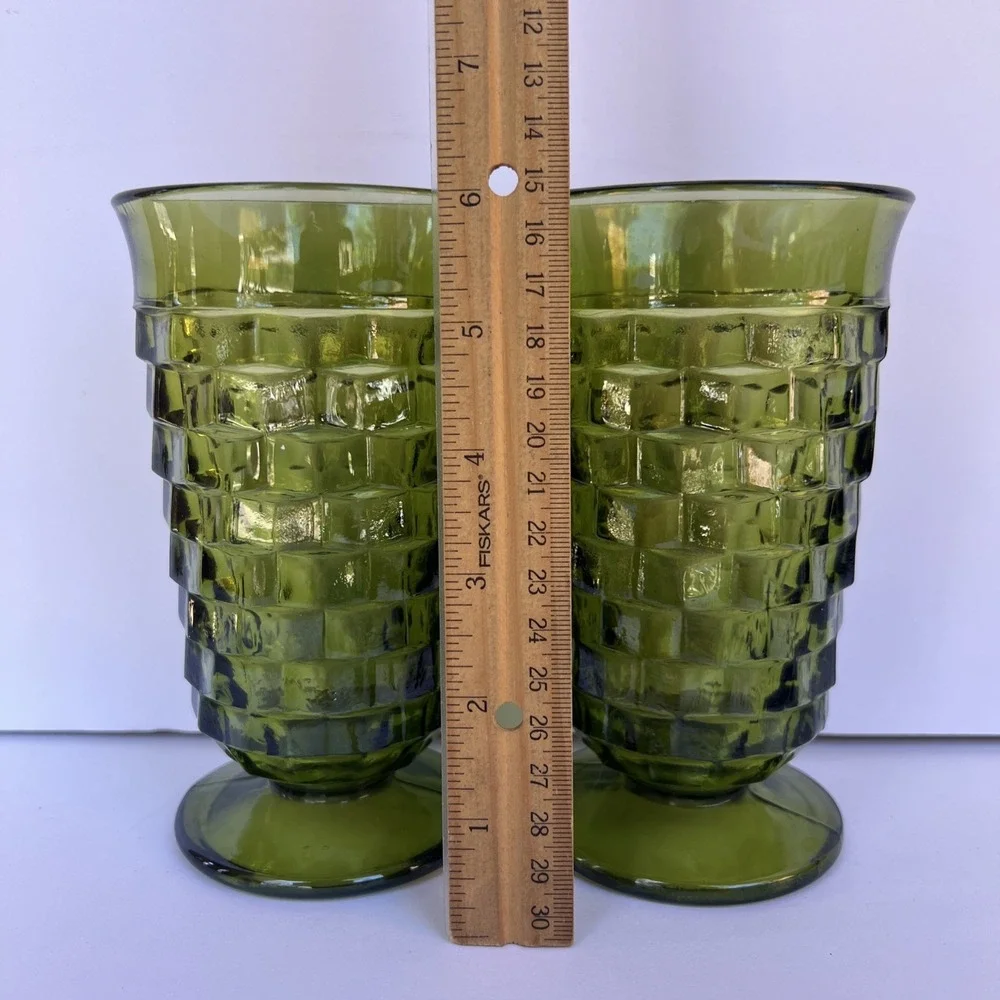 VTG Indiana Glass Whitehall Avocado Green Cubist 6